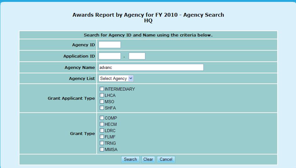 In Agency Search page, key in search criteria and click the Search button. For example, key in ADVANC to Agency Name field and click the Search button (see Figure 316.D.).