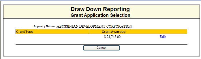Click the Edit hyperlink in the Grant Type entry you wish to input/edit the Administrative Allocation and/or Indirect Costs.