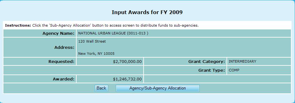 Once you click the desired application, you will be prompted to further data regarding the Agency and application. Figure 18.B. AU Input Awards: Sub-Allocate Funding Part II 3.