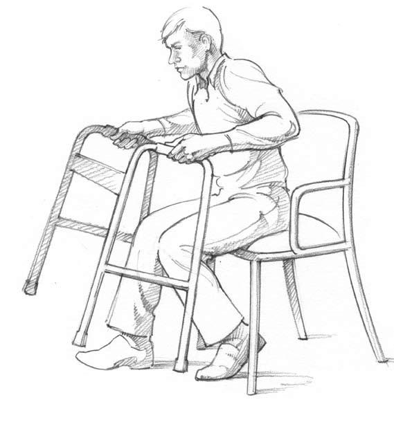 Getting In and Out of a Chair For the next 12 weeks, it is best to use a chair that has arms. Getting into a chair: 1. Take small steps; turn until your back is towards the chair. DO NOT pivot. 2.