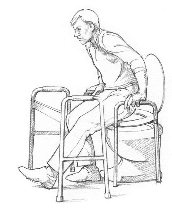 Using the Toilet When sitting down on the toilet: 1. Take small steps and turn until your back is to the toilet. DO NOT pivot. 2. Back up to the toilet until you feel it touch the back of your leg. 3.