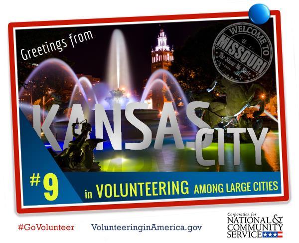 Volunteering in Kansas City Kansas City ranks 9 th among US cities in percentage of adults who volunteer (3-year average: 2013-2015) (For millennials, we were 5 th!