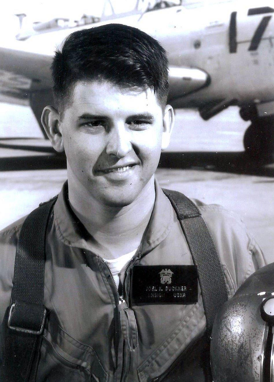 Left: U.S. Navy Ensign Joel Buckner on the day of his first solo flight in a T-34B Mentor (background) on March 1, 1966. (Photo: US Navy, Pensacola NAS) Arkansas Wing s Lt. Col.