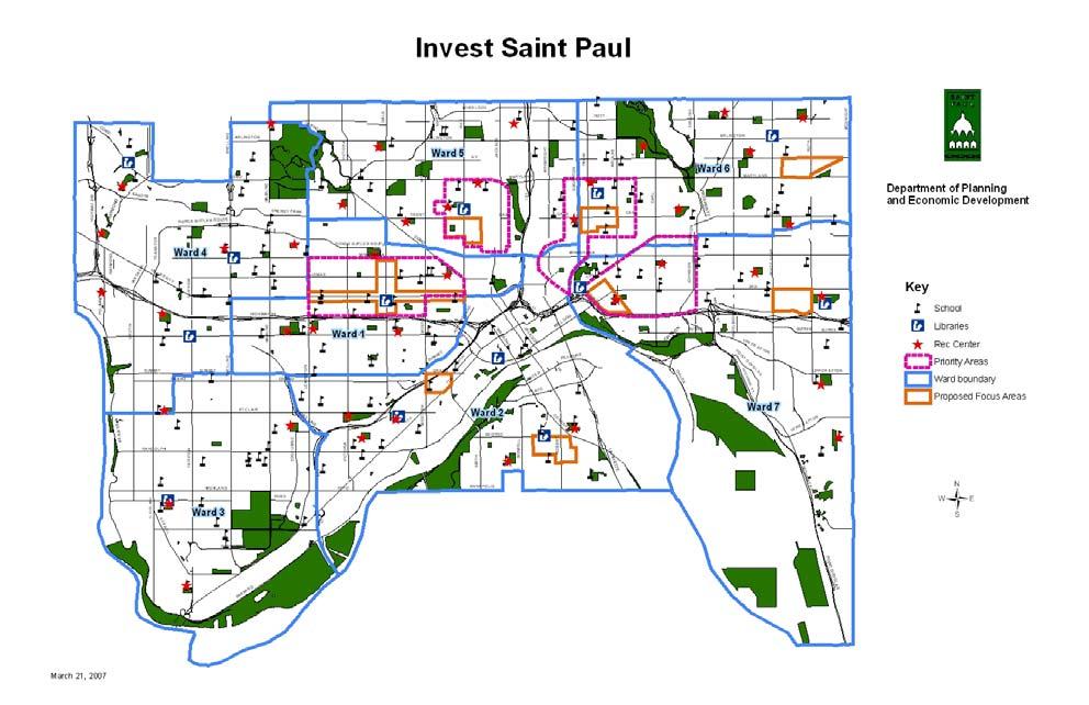 Invest Saint Paul Map Based on the PED data, the following map was created to show the Invest Saint Paul areas, underscoring that