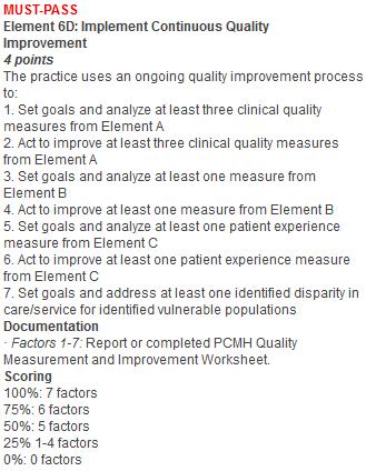 Standard 6: Performance Measurement and Quality Improvement, Element 6D Element 6D: Implement Continuous QI Options to prove you are meeting these factors: PDSA Cycle (Plan, Do, Study, Act) is very