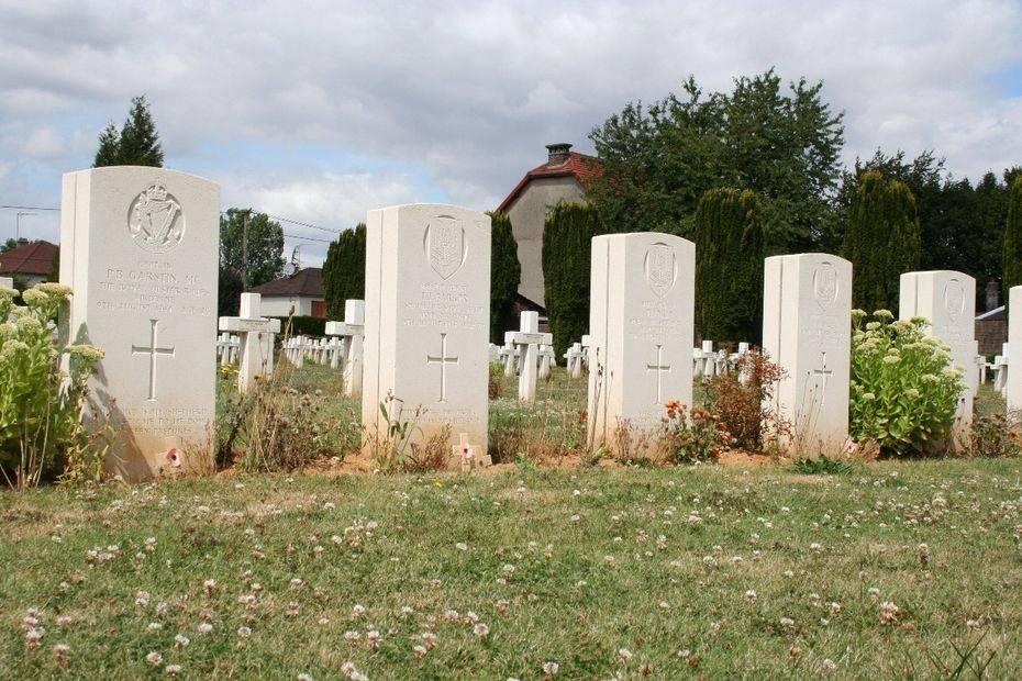 From left to right are the headstones of Patrick Garstin, Thomas Barker, Thomas Varey, Joseph Walker and William Young.