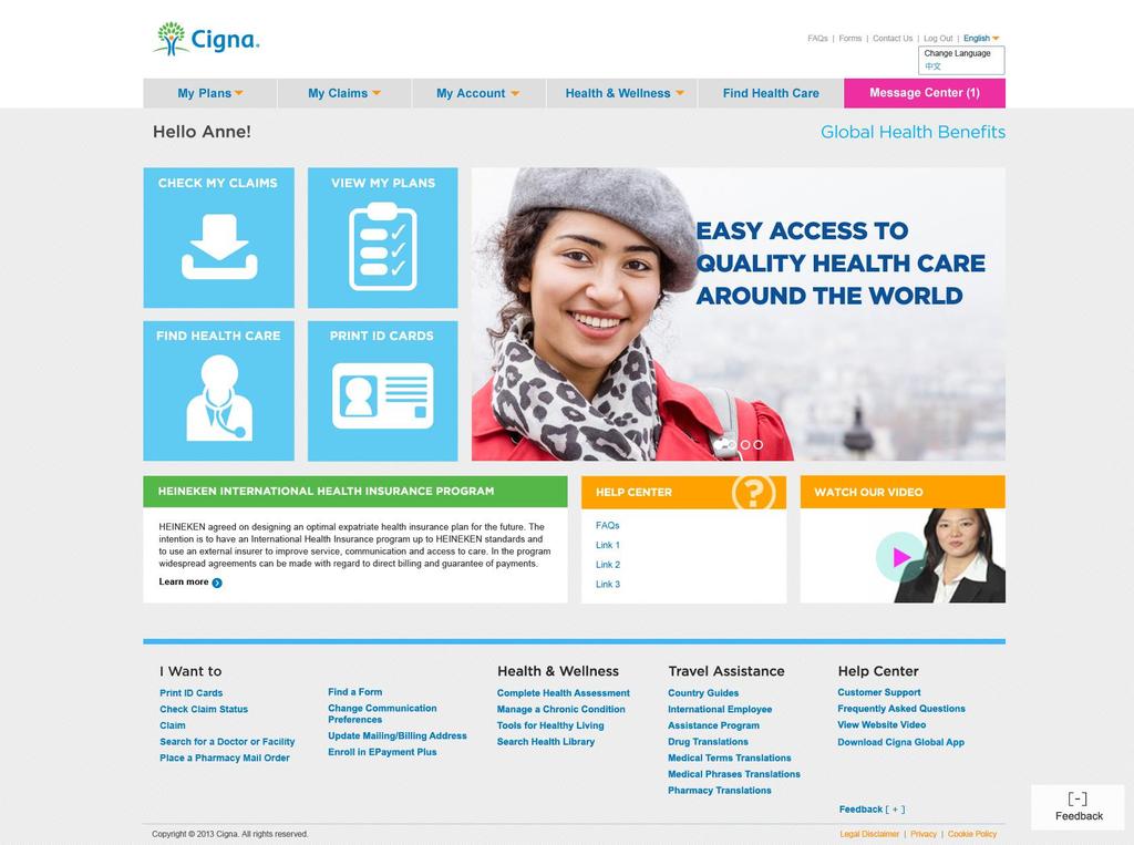 Cigna Envoy: Homepage Available in English, Simplified Chinese & Spanish Important