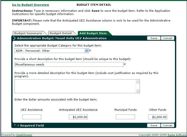 Click on a Program Component hyperlink; it will take you to the Budget Detail page for that component. Click the Add a Budget Item tab.