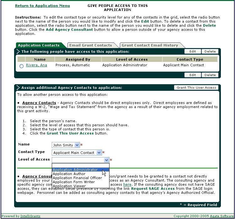 Application Instructions Page 4 of 14 In the Assign additional Agency Contacts to application section Select a Name from the pull down list In the