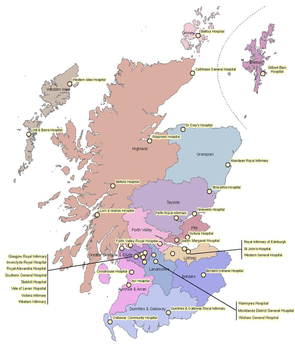 Map of Scotland showing all hospitals in Health