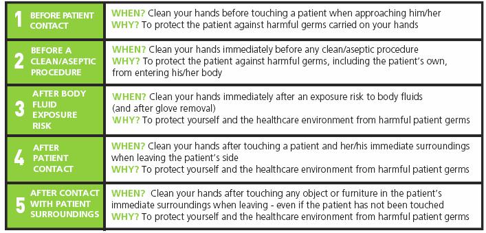 5 moments (NPSA cleanyourhands): (See Appendix 3 for larger version) These have been produced as reminders for important times for health and social care staff to