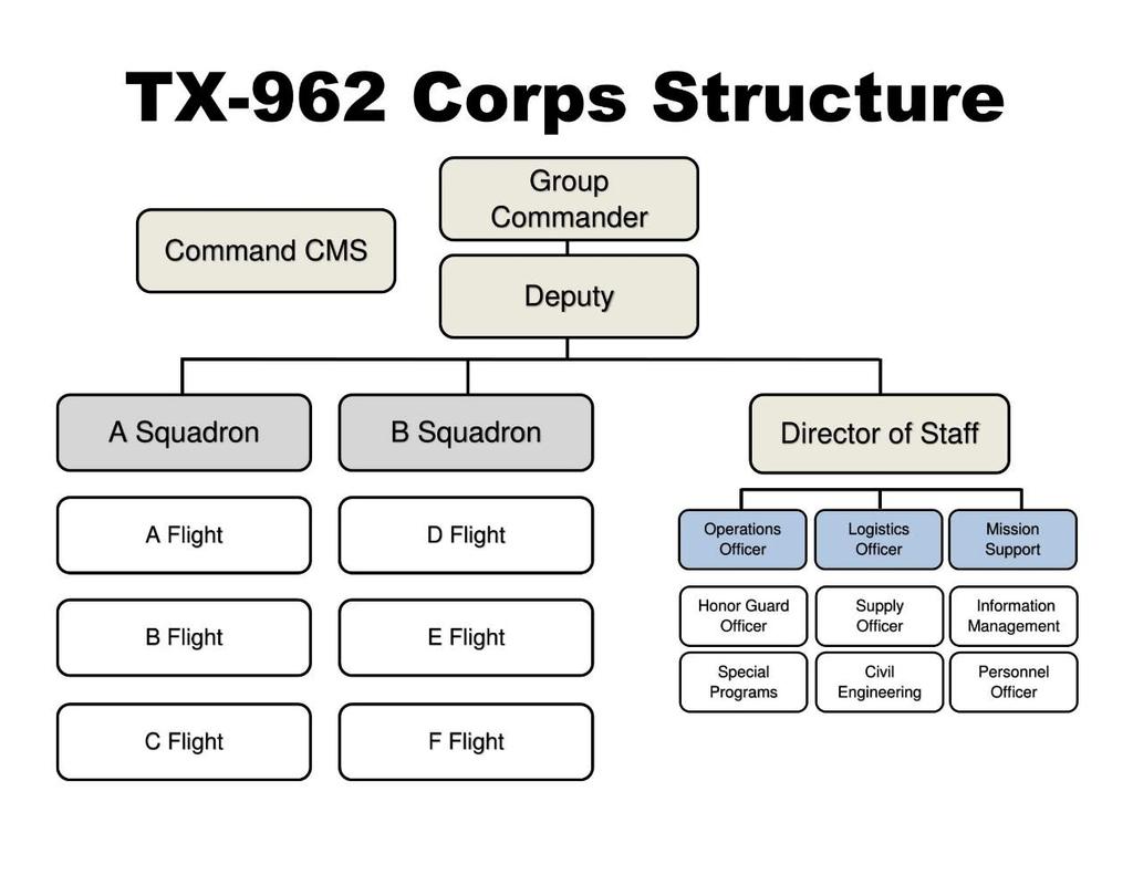 CHAPTER ELEVEN ORGANIZATION OF THE TEXAS 962nd AFJROTC CADET CORPS 1. The organizational chart shown in Appendix A indicates how the cadet corps is organized.