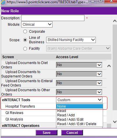 SECURITY Security for the Hospital Transfers functionality is located in Clinical Security Roles under the heading einteract Tools.