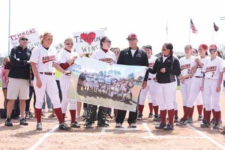 Head softball coach Bob Timmons was honored after surpassing 900 career victories and moving into second place on the Division III all-time wins list.