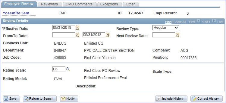 Enlisted Evaluation Report Endorsements, Continued 4 The EER will display. You must click the Correct History button to allow any changes to the EER. Click the Reviewers tab.