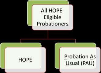 The study randomly assigned HOPE-eligible probationers to HOPE or PAU. HOPE eligibility criteria included at least 1 year of probation remaining and moderate- to high-risk.