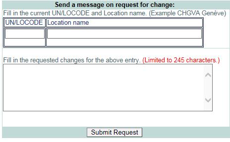 UN/LOCODE DMR Submission Step 3 Online request submission Request for changes, including changes in location name, other meta data and deletion.