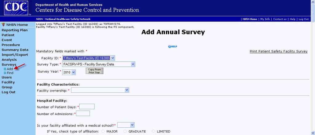 Add an Annual Facility Survey https://nhsn.cdc.gov/nhsndemo/help/patient_safety_component/how_to/add_an_annual.