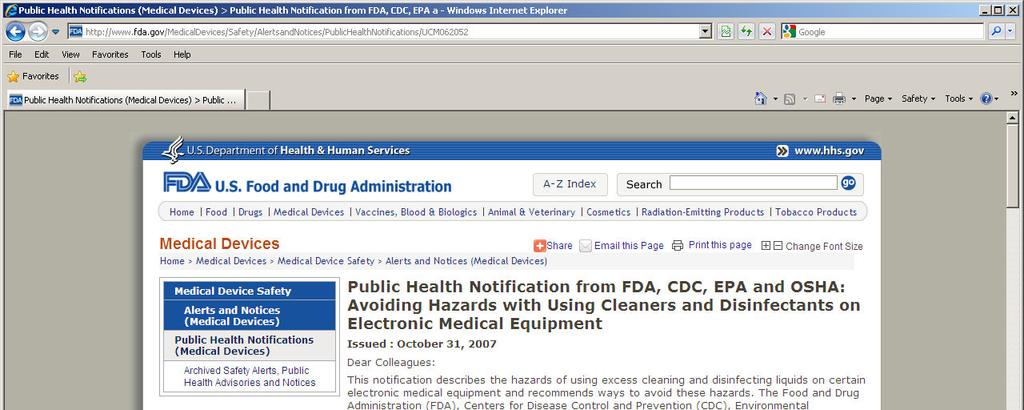 FDA Takes Note of Medical Equipment-Associated Adverse Events FDA conducts interviews with healthcare workers and observes equipment management practices Healthcare workers