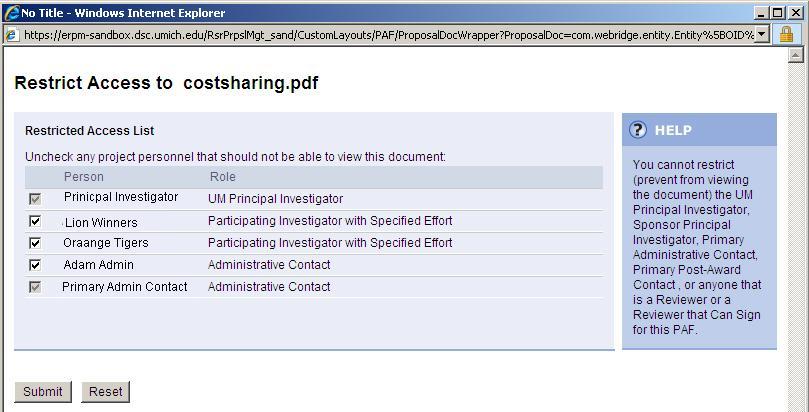 Proposal Management All Roles Working with Documents Step-By-Step Procedure 2 3 2. Click the box in front of any name to uncheck the box and restrict access to the document.