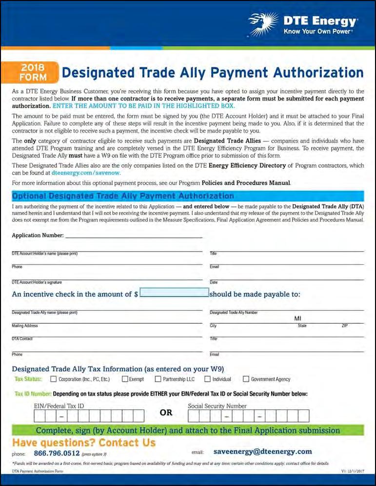 2018 Program Changes Third-Party Payments - Contractors One form* per DTA If more than one DTA is to be paid, each must give customer a separate form Fill in