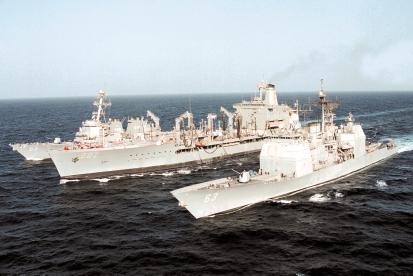 The U.S.S. Cowpens, CG 63, a guided missile cruiser; the fleet oiler, U.S.S. Yukon, AO 202; and the U.S.S. Milius, DDG 69, a guided missile destroyer, supporting maritime intercept operations in the Persian Gulf when they are in political conflict, the opposite is the case.