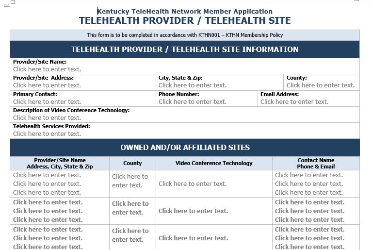 Registering with the KTHN Medicaid telehealth providers and sites must register and be approved by the Telehealth Board to be members of the Kentucky TeleHealth Network (KTHN) until July 1, 2019 A