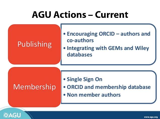 Professional Associations AGU is implementing ORCIDs in our member records, editorial databases, and papers.