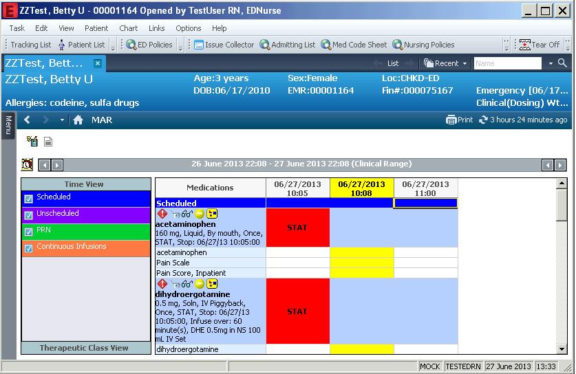 The Medications section displays all medications for the patient for the selected filter and time frame. Use the scroll bar to locate medications if necessary.