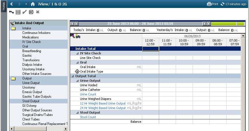 Accumulated hourly totals, shift totals, daily totals, subtotals, and fluid balance can also be viewed from the Intake and Output Band by clicking on the Date Range Information Bar.