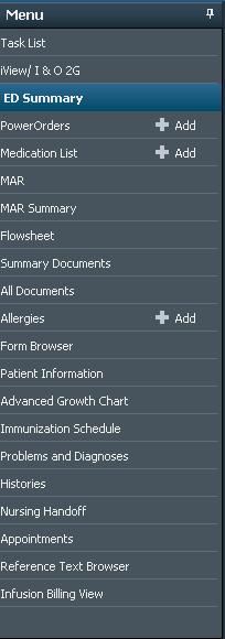 Chart Tabs From within a patient s chart specific information such as orders, results and documentation are available in the Chart Tabs. The Chart Tabs provide actions based on the window that opens.