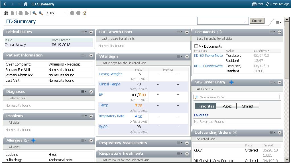 The ED Summary M-Page supports interactive workflows. For example, physicians can enter orders, and PowerNotes (documents) directly from ED Summary.