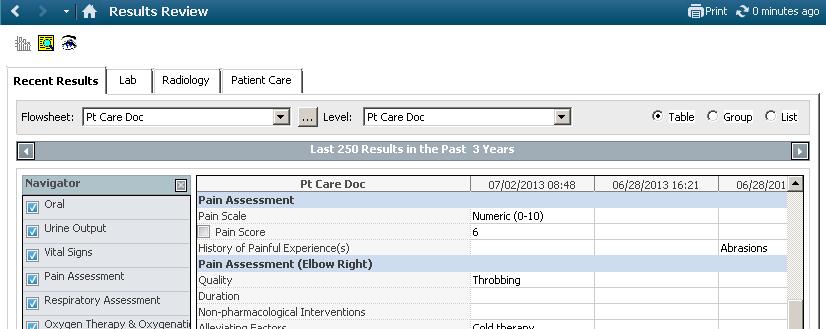 Viewing Results from the Flowsheet Tab You can review results and information that have been entered for a patient
