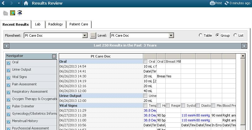 The Table View allows you to view the documented information in a flowsheet format.