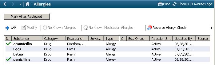 Accessing Allergy Profile Window from the Banner Bar Double clicking on the Allergies Hyperlink from the patient s banner bar and access the allergy profile window.