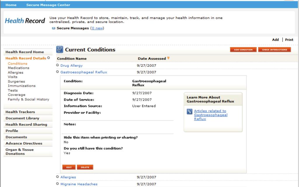 PHR Screen Examples (Continued) With a click of a mouse, you can see data from your health history.