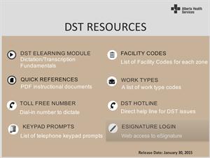 The Dictation Speech Recognition and Transcription (DST) Resource Repository holds all resource material required for physician dictation.