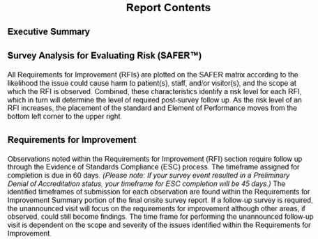 Sample Report NOTE: This is a sample report and the findings and placement of standards and elements of performance within the SAFER matrix do not represent findings or placement within the SAFER