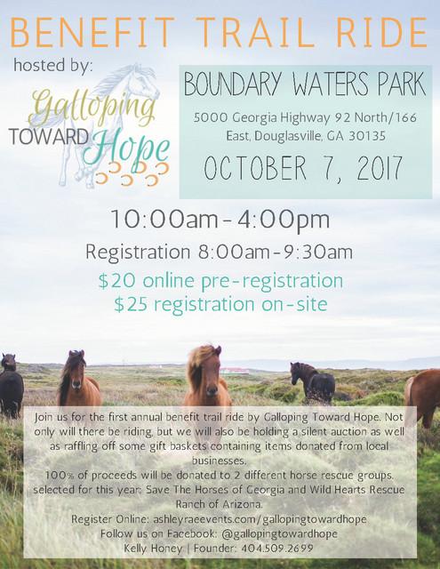 920.7593 (tel://770.920.7593) or Email wtallon@co.douglas.ga.us (mailto:wtallon@co.douglas.ga.us) Benefit Trail Ride by Galloping Toward Hope Saturday, October 7, 10:00 a.