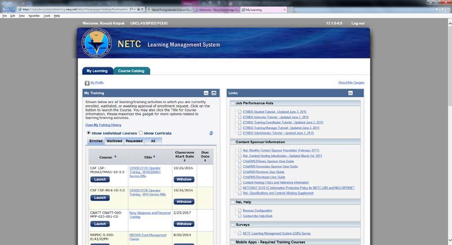 Figure 23. NETC Learning Management System (elearning). Source: My Learning (Enrolled Courses section, n.d.) b.