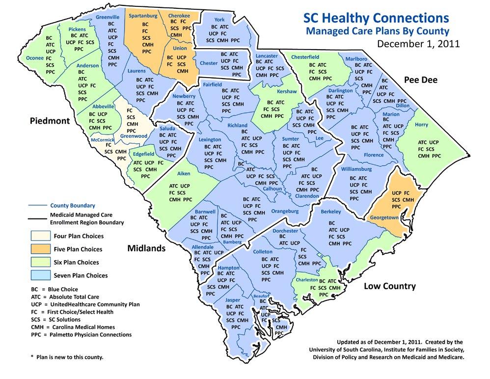 Figure 6. SC Healthy Connections Managed Care Plans by County The number of enrollees within a designated geographic area can influence access to care, network development and quality monitoring.
