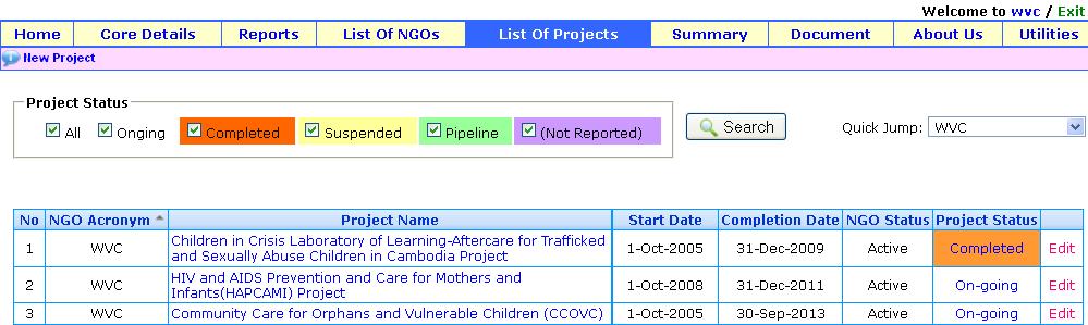Figure 3: Pre-defined Report criteria The NGOs Source of Funds records (by Type and Year) that are required should then be selected. They will be made available on a separate page.