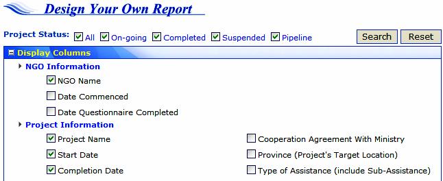 Figure 6: Selection of Report Criteria Once the criteria have been selected, the user should click the "Search" button located at both the top and bottom of the page. The Report can then be viewed.