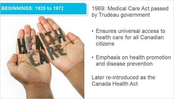 2.11 Beginnings: 1920 to 1972 In 1969, The Medical Care Act was passed into law by the Trudeau government. It was later modified and re-introduced as the Canada Health Act.