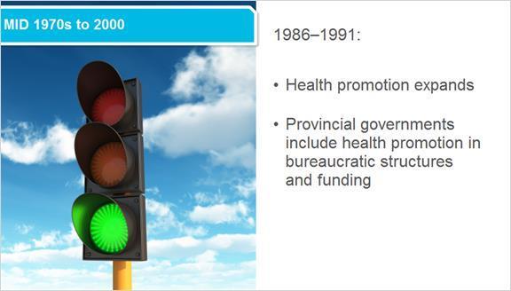 3.11 Mid 1970s to 2000 The years immediately following the release of the Ottawa Charter witnessed the expansion of health promotion, both as a profession and a field of practice.
