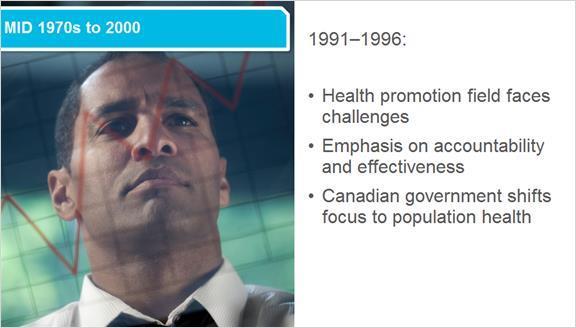 3.12 Mid 1970s to 2000 Between 1991 and 1996, the health promotion field faced a number of challenges.