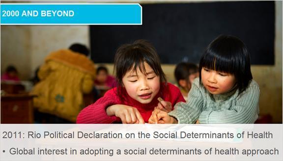 4.8 2000 and Beyond In October 2011, the Rio Political Declaration on the Social Determinants of Health was established at the World Conference for Social Determinants of Health, hosted
