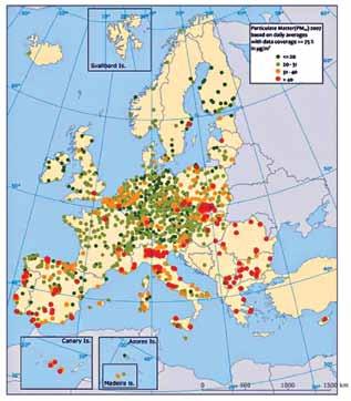 Fig. 23: Annual mean concentration of particulate matter in air quality measuring stations in Europe in 2007 Source: Mol et al. (62). 3.3.5.