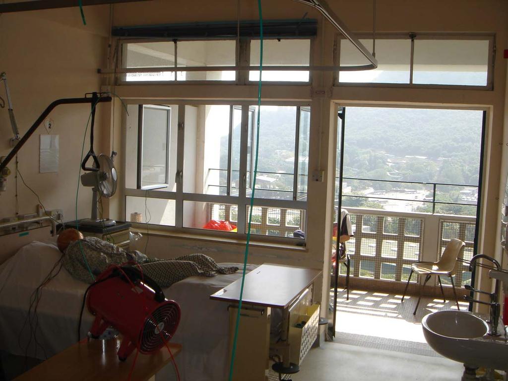 Measurements in Grantham Chest Hospital Hong Kong (tests in 4 rooms) Windows open (100%), Doors open (100%) = 45.