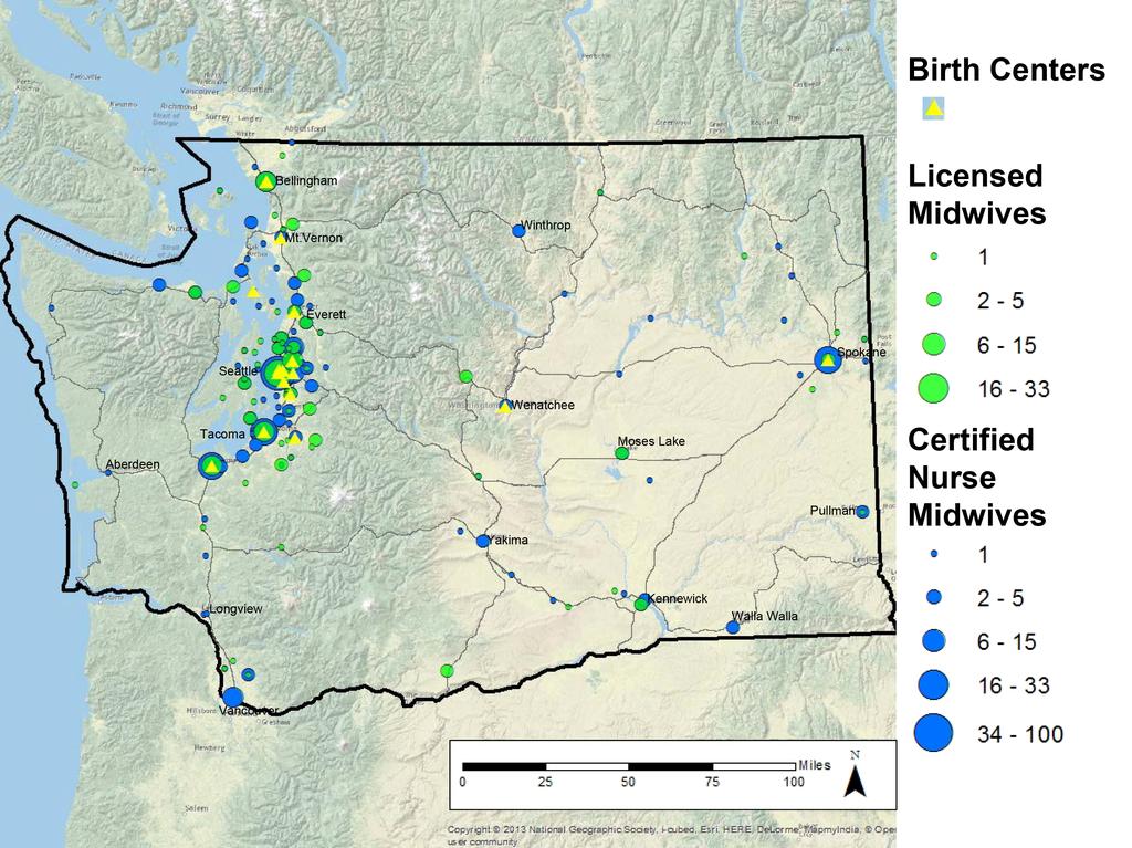 Figure 1: Distribution of Birth Centers, Licensed Midwives, and Certified Nurse Midwives in Washington State; Data Sources: PSMBC 2014, WDOH 2017 Actual Costs and Insurance Coverage for Midwife Care